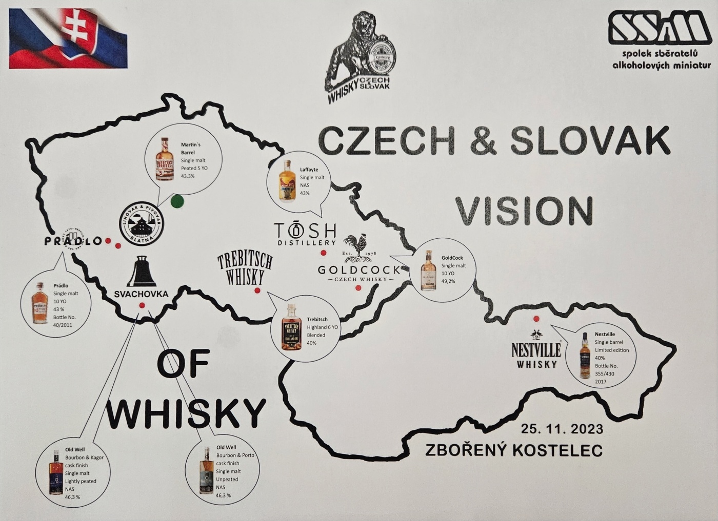 Degustace DDS # 6 - czech&slovak vision of whisky
Zbo�en� Kostelec - 25.11.2023
DDS SSaM (Divize degusta�n�ch specialist� Spolku Sb�ratel� alkoholick�ch Miniatur)
Old Well Bourbon & Porto cask finish Single malt Unpeated - Trebitsch Highland 6YO Blended - Pr�dlo single malt 10yo - Nestville Single barrel Limited edition - Lafaette Single malt - GoldCock Single malt 10yo - Martin`s Barrel Single malt Peated 5yo - Old Well Bourbon & Kagor cask finish Single malt Lightly peated