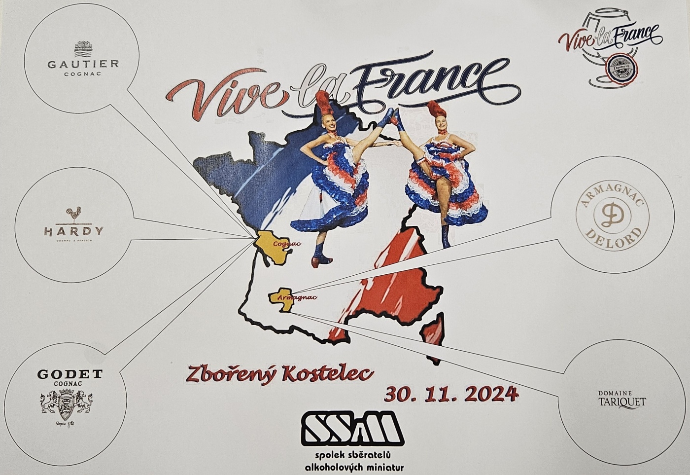 Degustace DDS # 8 - Vive la France
Zbo�en� Kostelec - 30.11.2024
DDS SSaM (Divize degusta�n�ch specialist� Spolku Sb�ratel� alkoholick�ch Miniatur)
Gautier cognac Pinar Del Rio exclusive cigar blend XO - Hardy cognac Legend 1863 - Godet cognac XO Fine Champagne - Bas-Armagnac Delord Hors d` Age - Domaine Tariquet XO Bas-Armagnac - Hennesy Very Special cognac