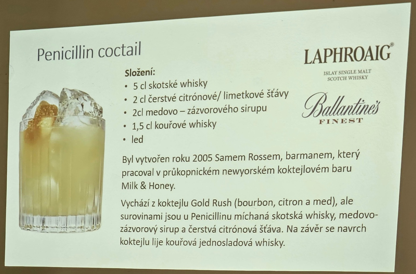 Degustace DDS # 5 - Vy(Whi)sok� �kola �ivota
Zbo�en� Kostelec - 12.8.2023
DDS SSaM (Divize degusta�n�ch specialist� Spolku Sb�ratel� alkoholick�ch Miniatur)
Whisky Ginger (Tullamore Dew) - Old Fashioned (Jack Daniel`s) - Dimple 15yo blended whisky - Glenfiddich 12yo single malt whisky - Aberfeldy 12yo single malt whisky - Arran Sauternes cask finish single malt whisky - Penicillin (Ballantines fines`t, Laphroaigh islay single malt scotch whisky) - Highland Park 12yo single malt whisky - Kilchoman Machir Bay single malt whisky - Port Charlotte Heavily Peated single malt whisky